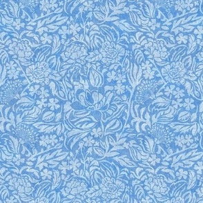 MONOCHROME TROPICAL FLORAL, Leaf and flower shapes with linen texture_washed BLUE_11x11