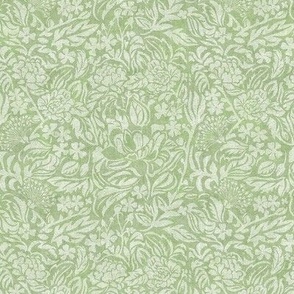 MONOCHROME TROPICAL FLORAL, Leaf and flower shapes with linen texture_washed green_11x11