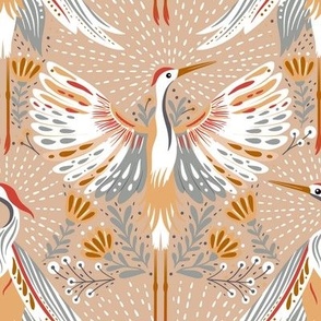 Vintage art deco nature floral crane bird