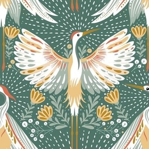 Vintage art deco nature floral crane bird