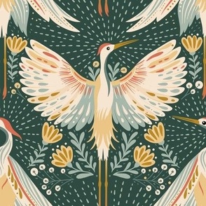 Vintage art deco nature floral crane bird