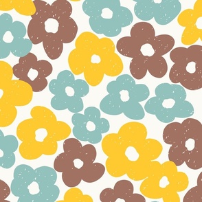 Retro Organic Field of Flowers with blue brown yellow flowers on light tan