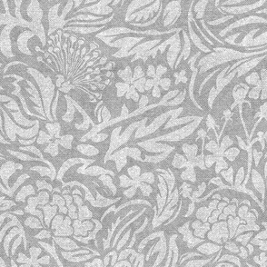 MONOCHROME TROPICAL FLORAL, Leaf and flower shapes with linen texture_washed grey_24x24