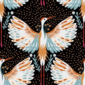 Vintage art deco nature floral crane bird