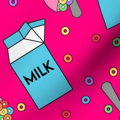 Cereal Bowl With Spoon & Milk Carton On Hot Pink Background