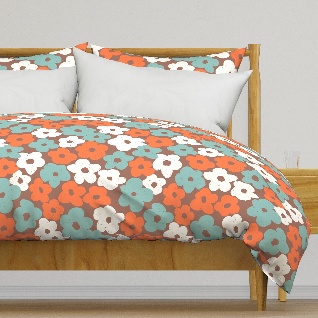 Retro Organic Field of Flowers with with light tan blue orange flowers on brown