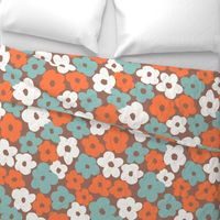 Retro Organic Field of Flowers with with light tan blue orange flowers on brown