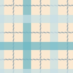 Plaid in pale blue, turquoise and dark blue grey rope on a cream background (large)