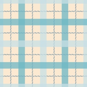 Plaid in pale blue, turquoise and dark blue grey rope on a cream background (medium)