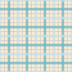 Plaid in pale blue, turquoise and dark blue grey rope on a cream background (small)