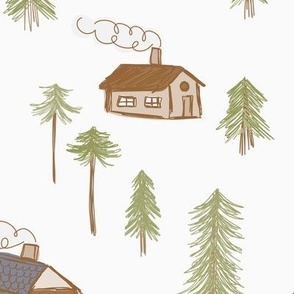 462 - Jumbo scale whimsical green and taupe winter forest with pine trees, cabins with chimneys and smoke, in doodle scribbled style - for nursery decor, curtains and pillows, cot sheet sets, baby apparel and children's accessories 