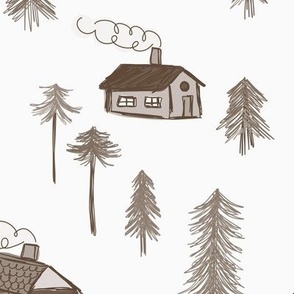 462 - jumbo scale whimsical cool neutral monochrome greys, winter forest with pine trees, cabins with chimneys and smoke, in doodle scribbled style - for nursery decor, curtains and pillows, cot sheet sets, baby apparel and children's accessories 