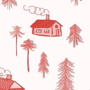 462 - Jumbo scale whimsical warm red monochrome winter forest with pine trees, cabins with chimneys and smoke, in doodle scribbled style - for nursery wallpaper and decor, curtains and pillows, cot sheet sets, baby apparel and children's accessories 