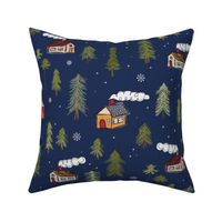 462 - jumbo scale whimsical night time winter forest with pine trees, cabins with chimneys and smoke, snowflakes gently falling in doodle scribbled style - for nursery wallpaper, curtains and pillows, cot sheet sets, baby apparel and children's accessorie