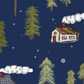 462 - jumbo scale whimsical night time winter forest with pine trees, cabins with chimneys and smoke, snowflakes gently falling in doodle scribbled style - for nursery wallpaper, curtains and pillows, cot sheet sets, baby apparel and children's accessorie