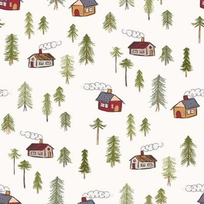 462 - Small scale whimsical featuring warm reds, browns, greens and greys - winter forest with pine trees, cabins with chimneys and smoke, in doodle scribbled style - for nursery decor, curtains and pillows, cot sheet sets, baby apparel and children's acc