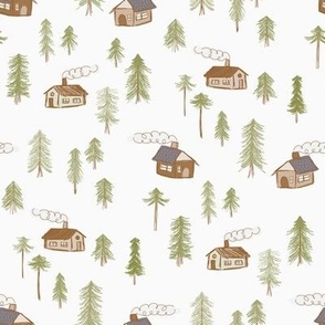 462 - Small scale whimsical green and taupe winter forest with pine trees, cabins with chimneys and smoke, in doodle scribbled style - for nursery decor, curtains and pillows, cot sheet sets, baby apparel and children's accessories 