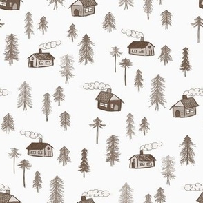 462 - Small scale whimsical cool neutral monochrome greys, winter forest with pine trees, cabins with chimneys and smoke, in doodle scribbled style - for nursery decor, curtains and pillows, cot sheet sets, baby apparel and children's accessories 