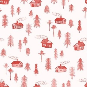 462 - Small scale whimsical warm red monochrome winter forest with pine trees, cabins with chimneys and smoke, in doodle scribbled style - for nursery decor, curtains and pillows, cot sheet sets, baby apparel and children's accessories 