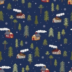 462 - Small scale whimsical night time winter forest with pine trees, cabins with chimneys and smoke, snowflakes gently falling in doodle scribbled style - for nursery decor, curtains and pillows, cot sheet sets, baby apparel and children's accessories 