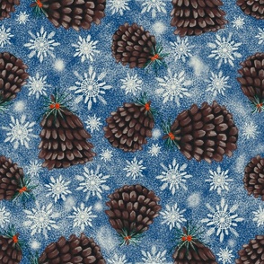 Christmas pine cones and snowflakes tossed