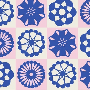 Checkerboard abstract geometric floral doily blue and pink