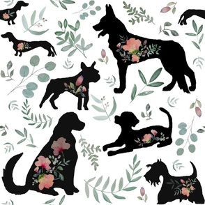 Floral Black Dogs on White / Watercolor / Retriever Puppy
