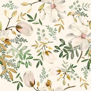 Large Green Florals on Soft Cream / Watercolor Magnolia