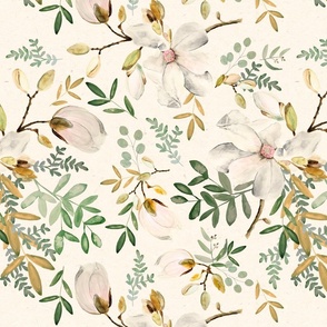 Large Green Florals on Soft Cream / Watercolor Magnolia