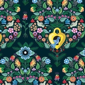 Busy pattern of colorful floral damask with birds flying around on dark background - small 