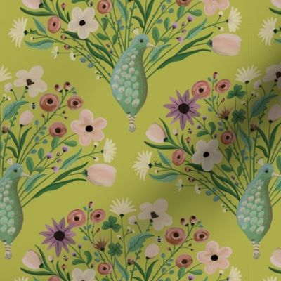 Maximalist pattern of colorful  woodland floral on peacock tails - graphical and quirky - small print 