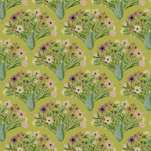 Maximalist pattern of colorful  woodland floral on peacock tails - graphical and quirky - small print 