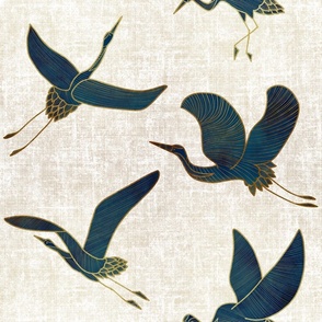 (L) Cranes in Flight // Dark Blue and Gold on Cream