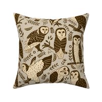 Woodblock Print - Cute Barn Owls in Neutral Earth Tone