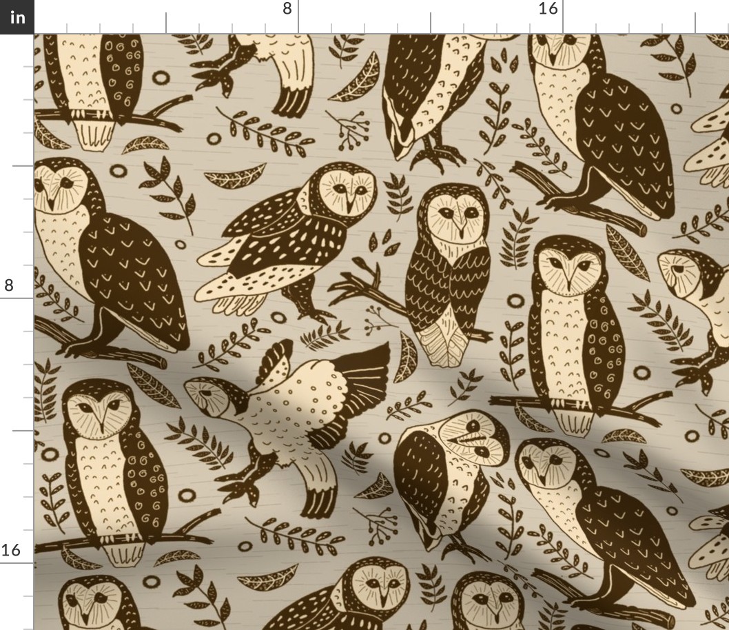 Woodblock Print - Cute Barn Owls in Neutral Earth Tone