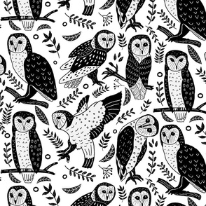 Lino Print- Cute Barn Owls in Black & White