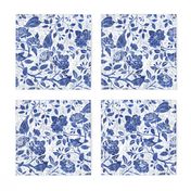 (M)Block Print-Birds Butterflies in Garden Vintage Style Floral-Cyanotype Blue