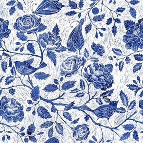 (M)Block Print-Birds Butterflies in Garden Vintage Style Floral-Cyanotype Blue