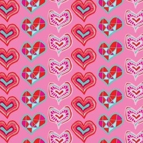 Small Boho Valentine Hearts Pink, Red and Aqua