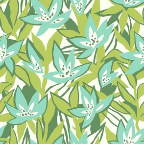 Pastel tropical flowers in mint and green - large scale