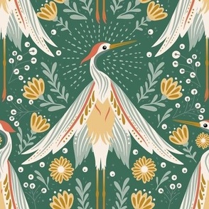 Vintage art deco nature floral crane bird