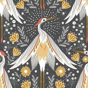 Vintage art deco nature floral crane bird