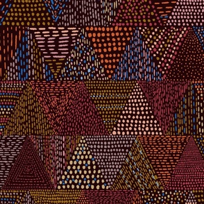 Abstract Motif with Triangles, Dots and Lines, Brown, Maroon, Tan, Mustard,  Orange and a Touch of Blue