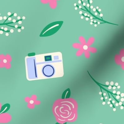 Retro Cameras Floral - Green Pink Blue LG