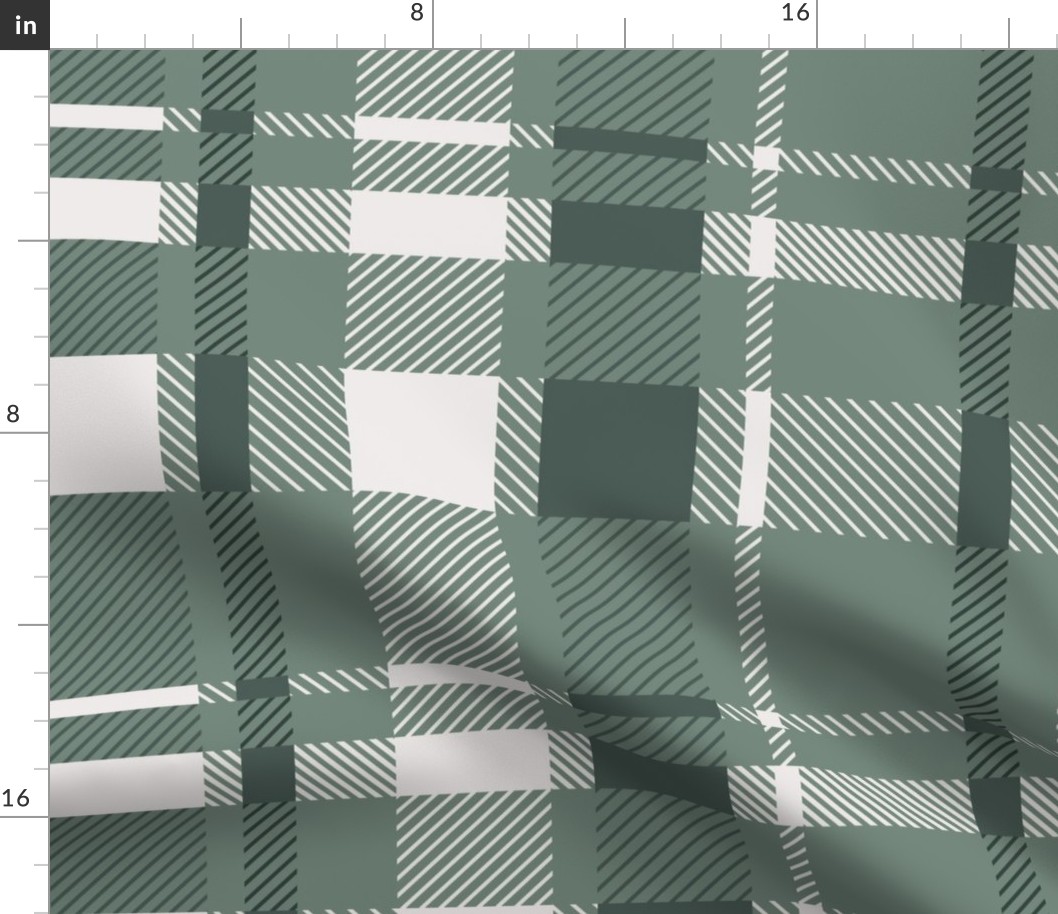 Geometric Plaid | Large Scale | Sage Green, Dark Green, Smoke White  | multidirectional preppy