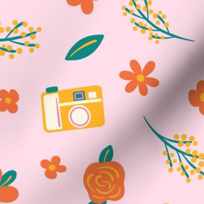 Retro Cameras Floral2 - Pink Yellow Red LG