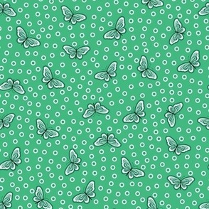 Turquoise butterflies on simple white and green polka dots- mid size 