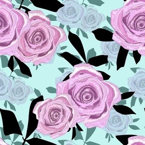 Pink rose flowers on a mint background 