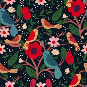 Folksy Birds and Flowers | Large Version | Scandinavian- Modern Folk art flowers and birds print