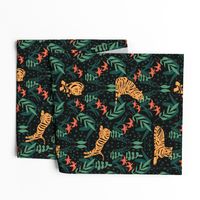 In the Jungle | Large Version | Hand drawn tigers, tiger lilies, stripes, and leaf plant print 
